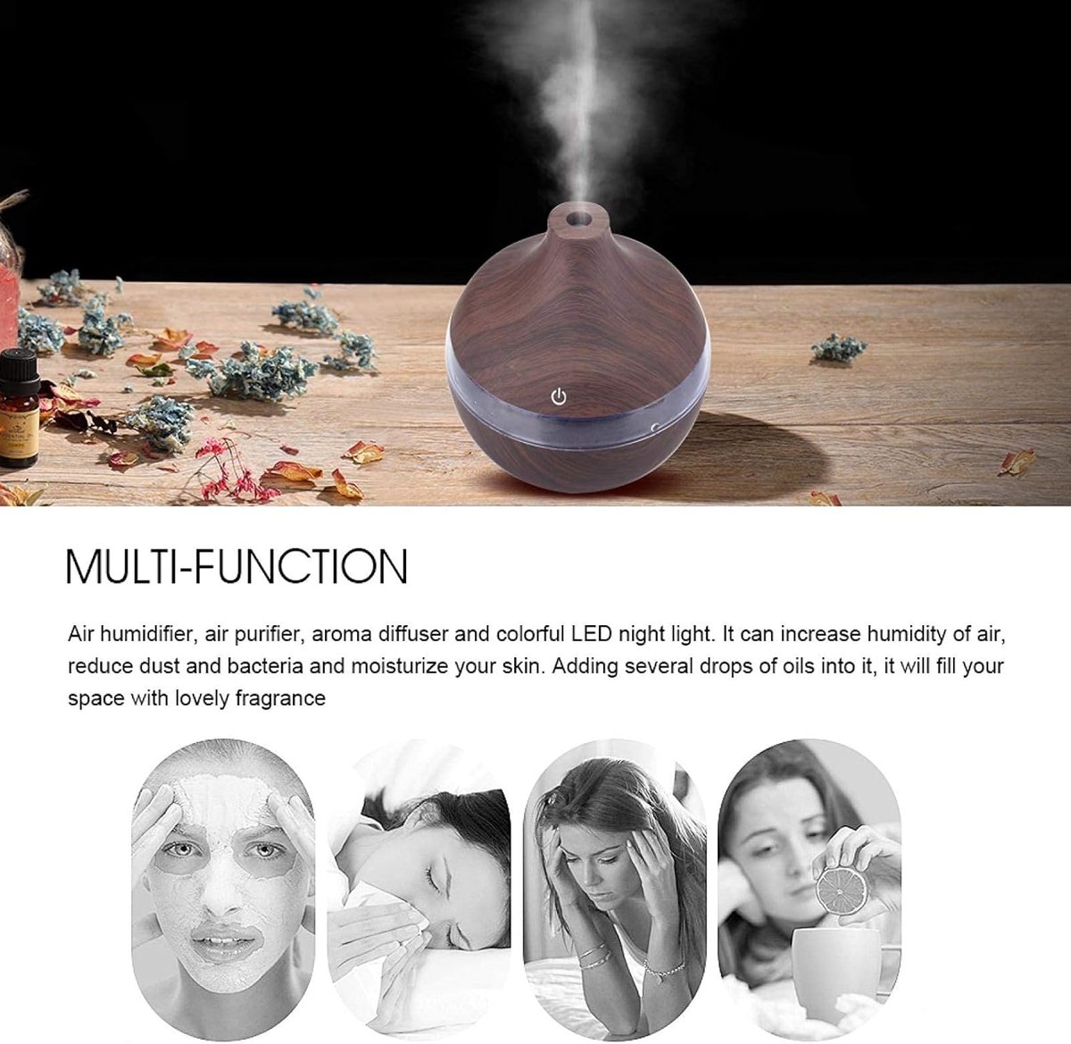 Aroma Cool Mist Diffuser 300ml - Ultrasone Vernevelaar - Etherische Olie Verstuiver - Aromadiffuser - Bevochtiger - Air/Lucht - Aroma Therapie - Verdamper - Geur Verspreider - Luchtbevochtiger - Sfeervolle LED Verlichting - Hout Look — cadeau in Wonen & Interieur - foto 4