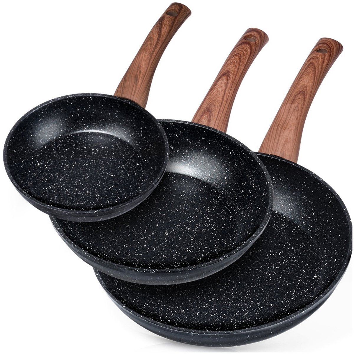 Vilde Black&Wood Serie - Granieten Koekenpannenset - 16/20/24 cm - Aluminium - Antikleef