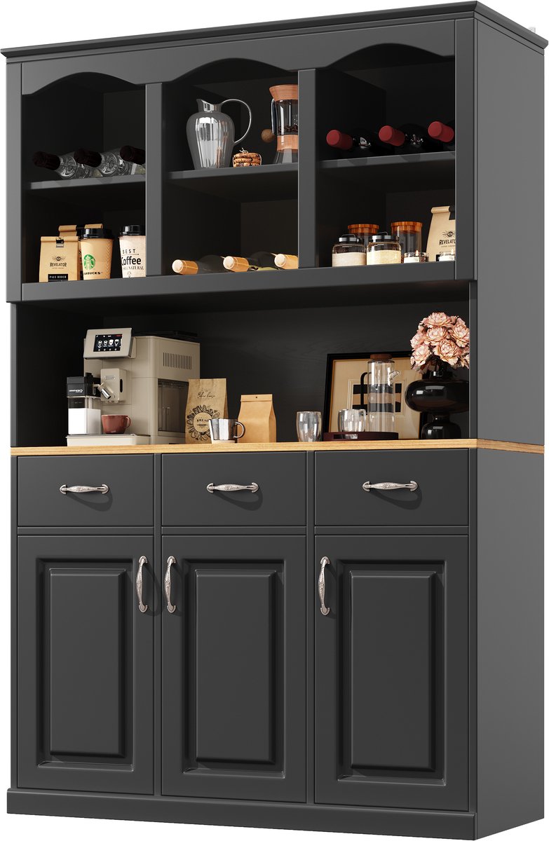 Keukenkast (120 × 40 × 180 cm), hoge keukenbuffet, multifunctioneel buffet, snackkast, opbergmeubel met drie deuren, drie lades en LED-verlichting, zwart — cadeau in Cadeau-ideeën - foto 2