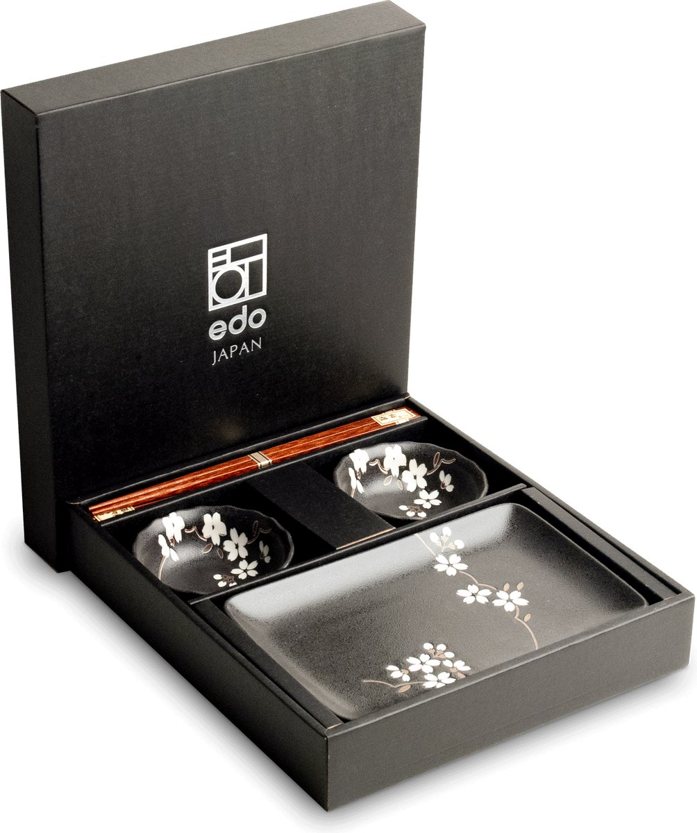 Edo Japan | HANA BLACK | Japanse Sushi Servies Set | 6-Delig | 2 Persoons | In Geschenkdoos