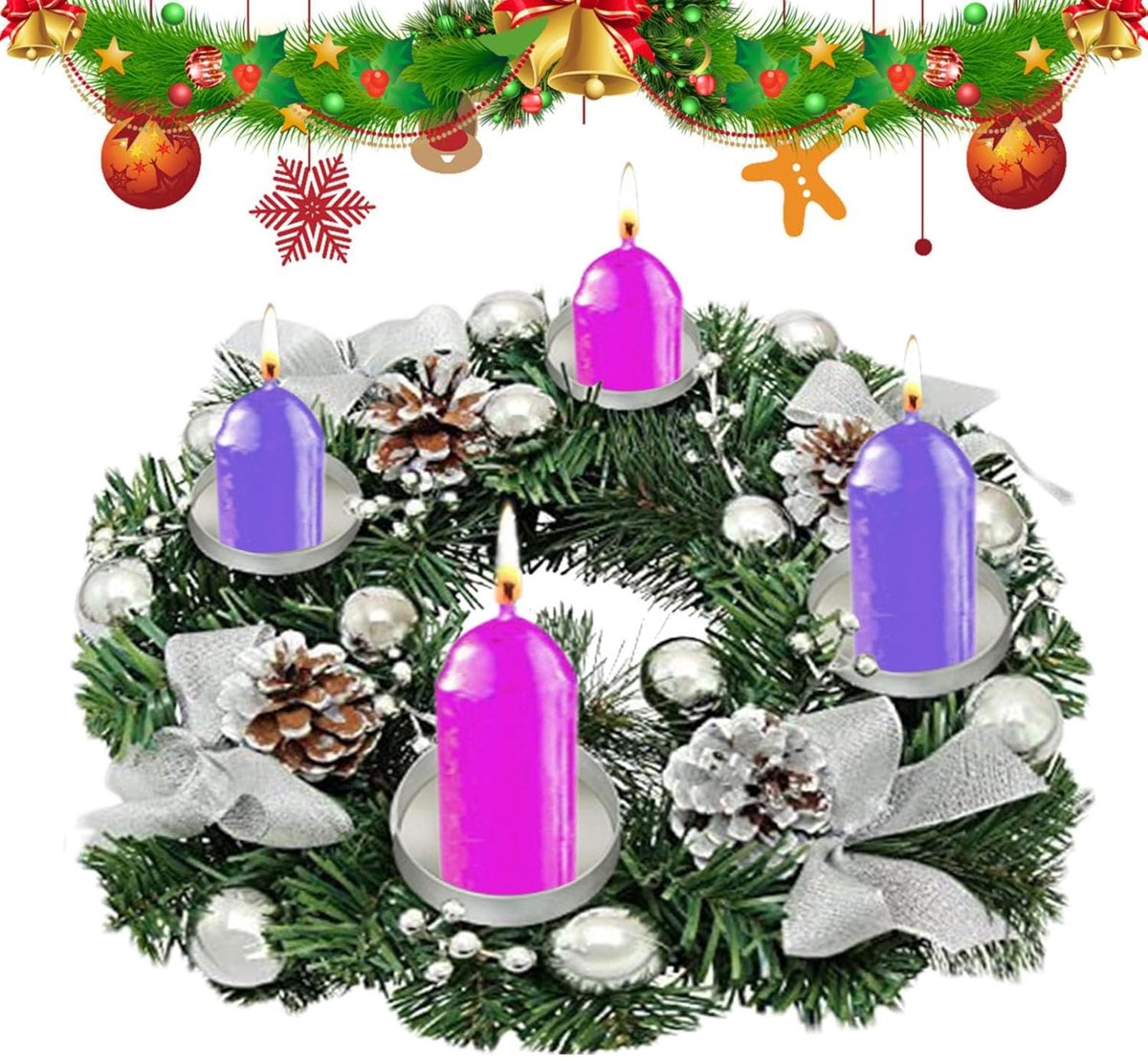 Kerstkrans - 30*30 cm - Adventkrans - Kerstlintkandelaar - Tafeldecoratie - Wordt geleverd met 4 metalen ringbekers - Versierd met dennenappels - Kerstdecoratie - Feestdecoratie - Geschikt voor tafels, feesten, kerken en Kerstmis - Zilver – foto 6