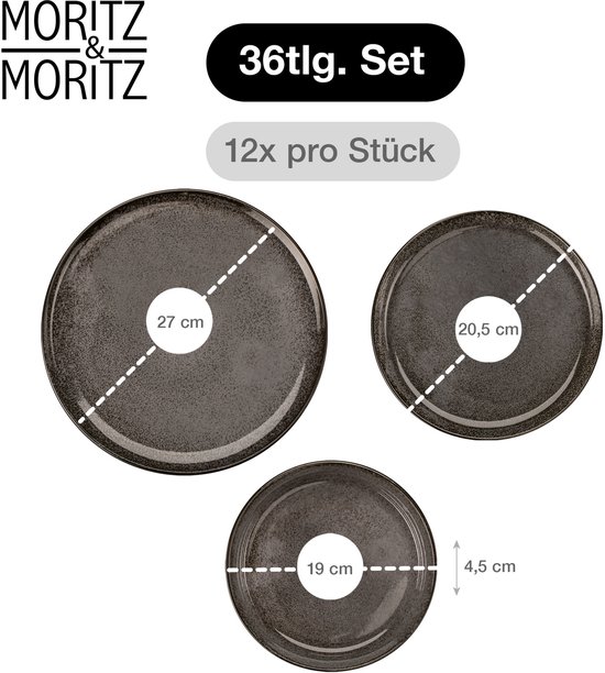 Moritz & Moritz VIDA Serviesset 12 Persoons - 36-delig Servies Set met Dinerbord, Soepbord en Dessertbord - Porselein - Antraciet — afbeelding 2