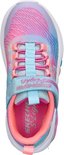 Bovenkant van roze, blauwe en paarse sneaker met klittenband en roze veters.