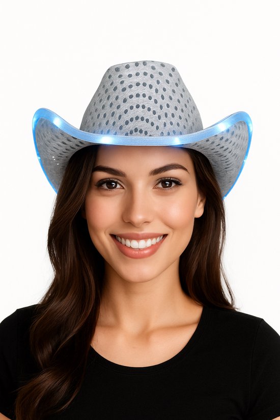 Partychimp Cowboy/Cowgirl Hoed Pailletten met LED Licht Zilver voor bij Carnavalskleding Heren Carnavalskleding Dames Carnaval Accessoires Verkleedaccessoires Rodeo Party Foute Party Glitter en Glamour Pride western hoed - Zilver - Incl. Batterijen