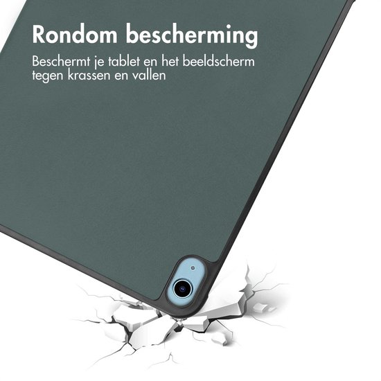 Couverture de tablette vert foncé tombant sur le sol, avec caméra à l'arrière.