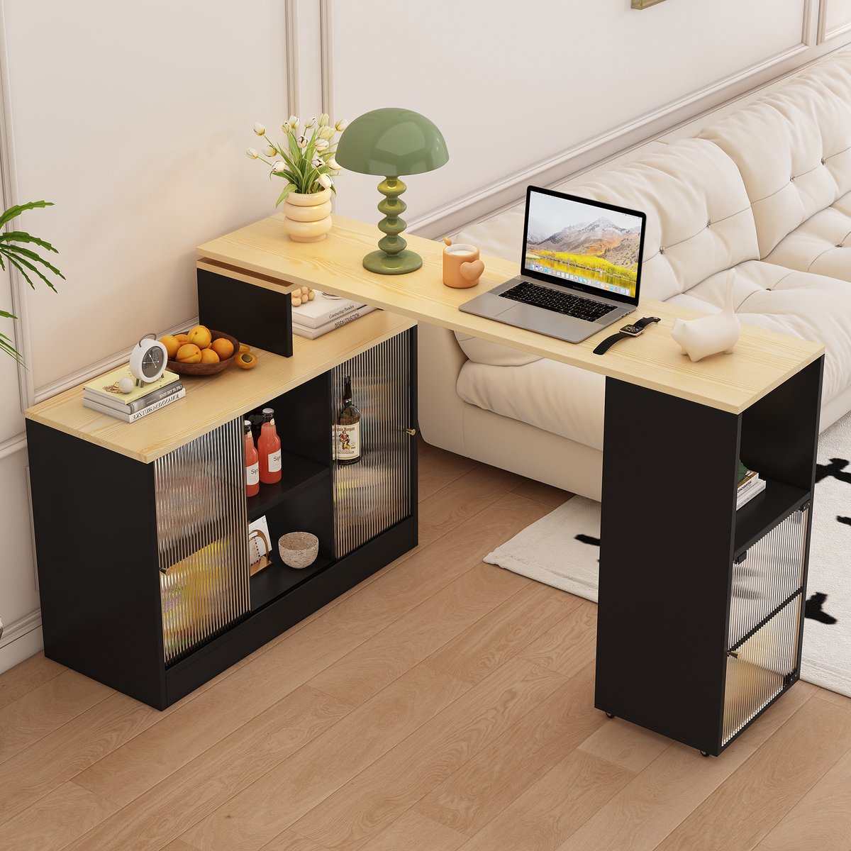 OKWISH Barmeubel – Uittrekbare Bartafel Met Opbergruimte – Draaibaar En Uitschuifbaar – 3-in-1 Scheidingskast/Bar/Sideboard – MDF+Glas Zwart