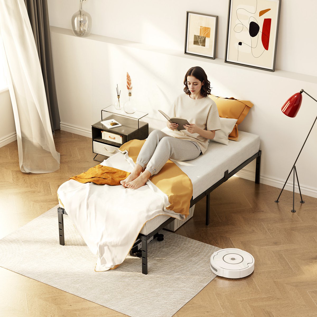 CECIPA Metalen Bed 90x200 cm - Minimalistisch Bedframe - Stevig - Stil - Anti Slip - Grote Opbergruimte - Schroefloze Montage - IJzeren Bed - Duurzaam - Roestvrij - Ideaal voor Kleine Woningen Kinderkamers en Logeerkamers