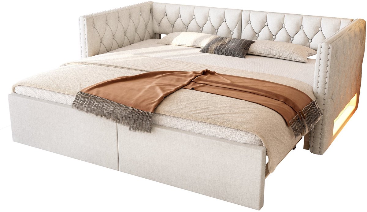 Merax Uitbreidbaar Dagbed 90x200 – Uitschuifbaar Tot 180x200 – Bekleed Bed met LED Verlichting – Bedbank met Lattenbodem – Beige