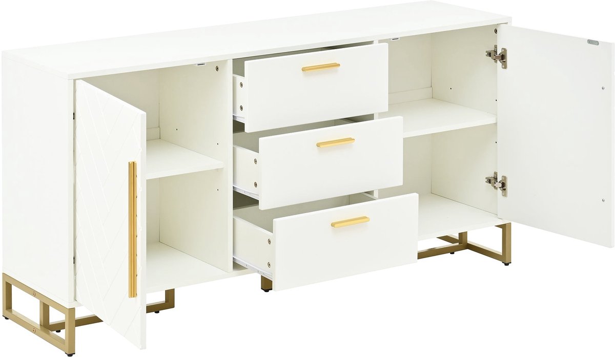 Merax Sideboard Wit – 145x40x75 cm – Dressoir met Visgraatdeuren 3 Laden en Opbergvakken – Modern Opbergmeubel voor Woonkamer Keuken Eetkamer