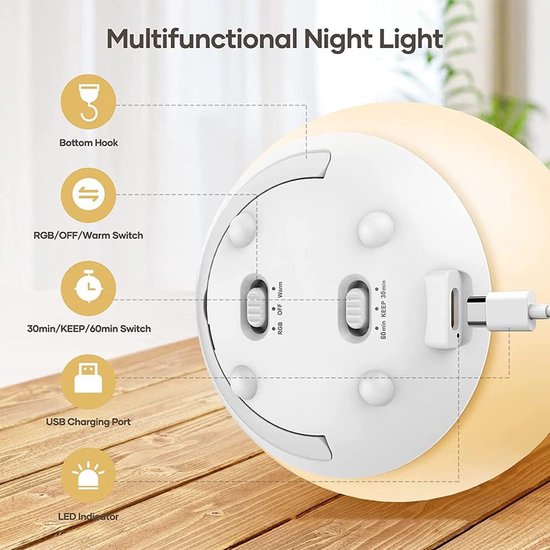 Touch Control Nachtlampje, Oplaadbare Kinderen Nachtlamp met 7 Kleuren, Dimbaar Draadloos Bedlampje met Timer en Geheugenfunctie, USB C Oplaadbaar, Veilig Baby Nachtlampje van One Fire — afbeelding 3
