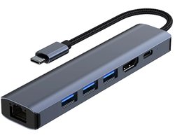 Deze 6-in-1 kabeladapter heeft een USB Type-C naar hub-configuratie, inclusief 3 USB 3.0-poorten, een USB-C-poort met PD-functionaliteit, een HDMI-poort en een RJ45 Gigabit Ethernet-poort.