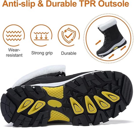 Details van de zool van een zwarte sneeuwlaars met tekst: 'Anti-slip & Durable TPR Outsole'.