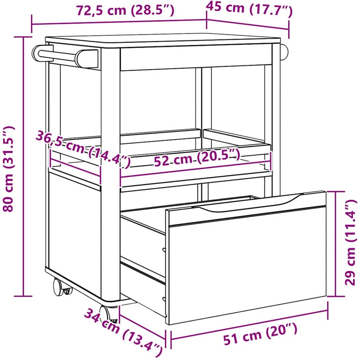 vidaXL - Keuken - Trolley - FLORO - Wasbruin - 72,5 - x - 45 - x - 80 - cm