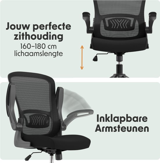 Zwarte bureaustoel met mesh rugleuning, met illustraties die de verstelbare zithoogte en inklapbare armleuningen tonen.