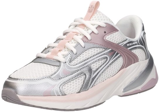Witte Skechers sneaker met witte veters, roze en zilverkleurige accenten.