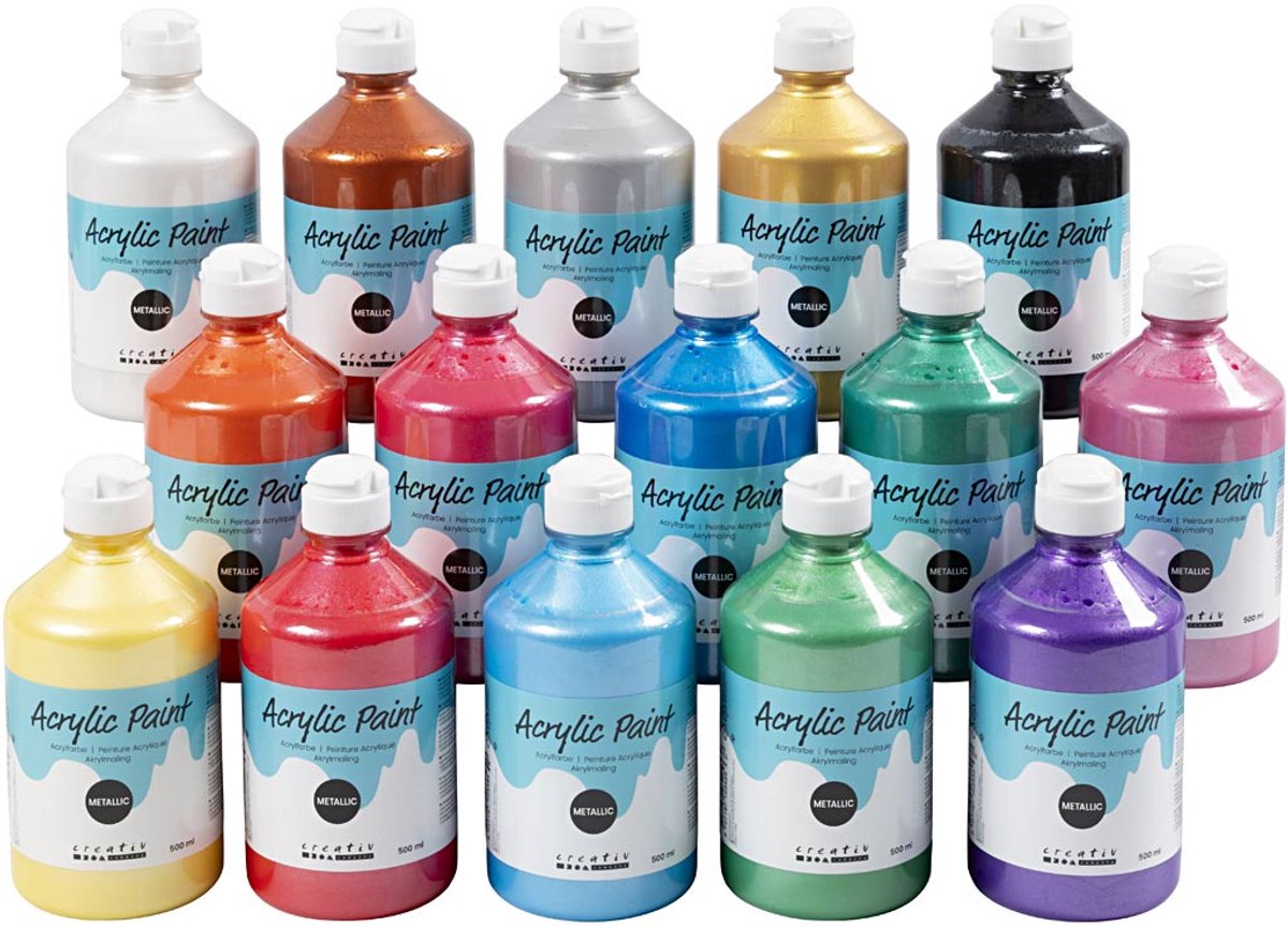 Acrylverf Metallic, metallic, diverse kleuren, 15x500 ml/ 1 doos