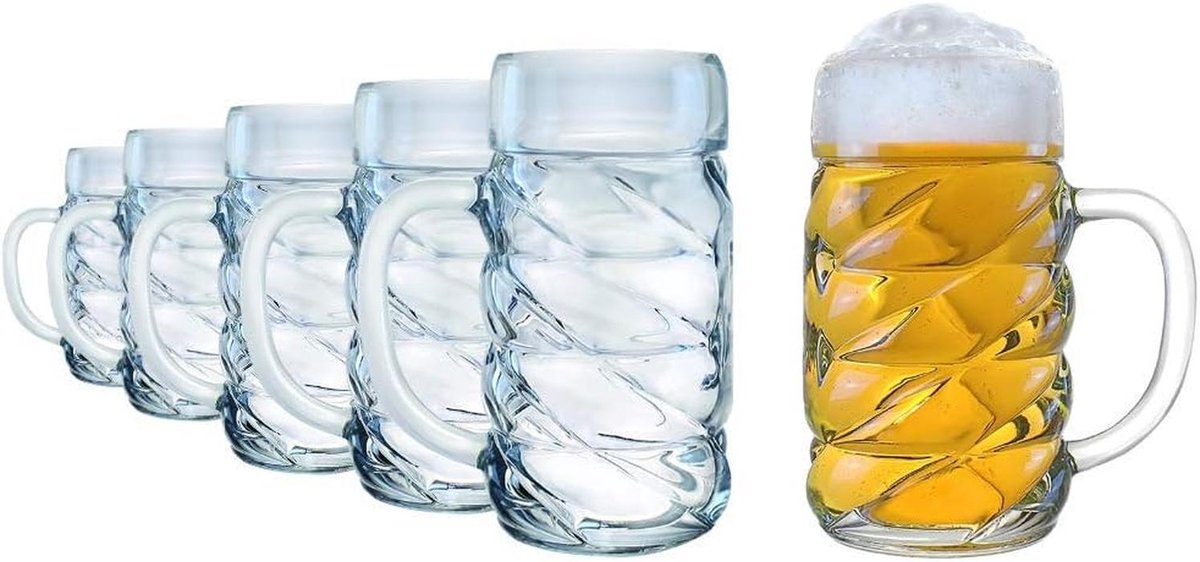 Set van 6 Bierglazen met Diamant Design - 1 Liter Maten, Vaatwasser Bestendig