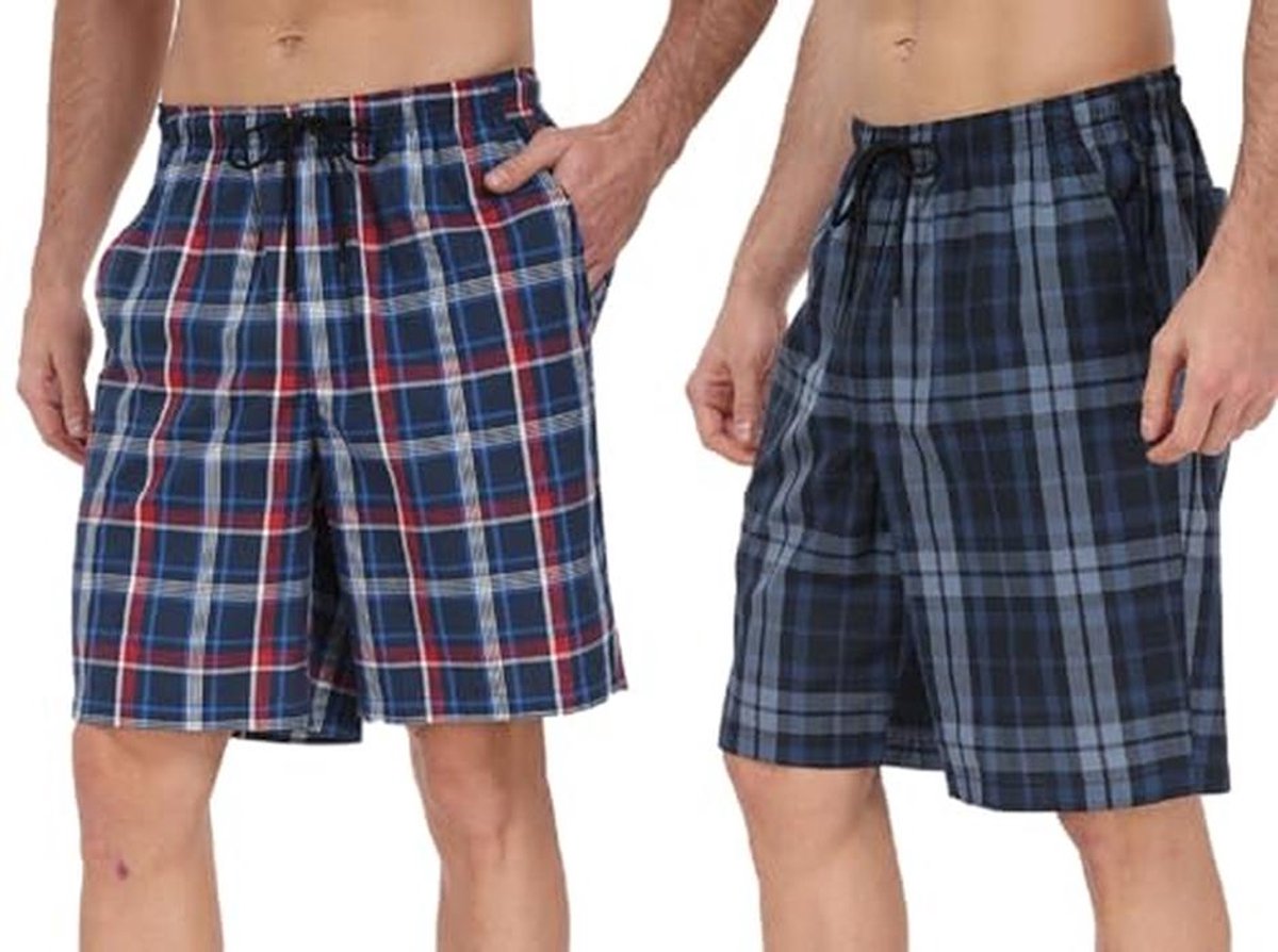 Set van 2 korte pyjamabroeken voor heren met zakken - Geruite katoenen shorts voor thuis