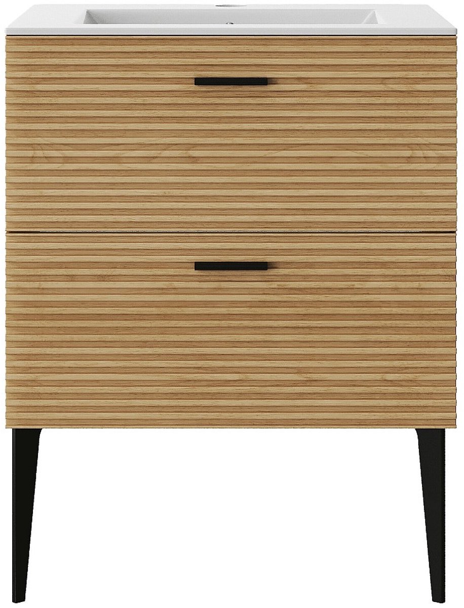Vente-unique Badkamermeubel staand met inbouwwastafel - 2 lades - kleur: naturel gestreept - 60 cm - SARONE