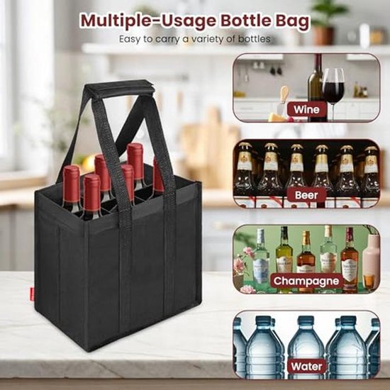 Flessentas met 6/9 Compartimenten, Opvouwbare Draagtas voor Flessen, Handtas voor Mannen, Diverse Indelingen voor Waterflessen, Wijn, Bier en Champagne - Zwart — afbeelding 2