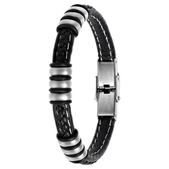 Bracelet garçon en acier avec cuir noir tressé | bol.com