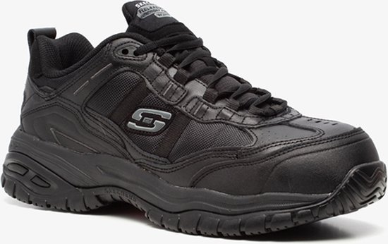 Mocassin de travail Skechers noir à lacets, logo S gris sur le côté, mesh et détails texturés.
