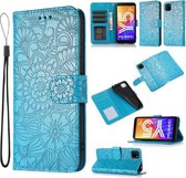 Voor Huawei Y5p Huid Voelen Reliëf Zonnebloem Horizontale Flip Lederen Case met Houder & Kaartsleuven & Portemonnee & Lanyard (Blauw)