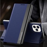 Side gegalvaniseerde magnetische ultradunne horizontale flip lederen hoes met houder voor iPhone 13 (donkerblauw)