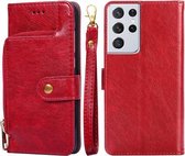 Voor Samsung Galaxy S21 Ultra 5G Rits Tas PU + TPU Horizontale Flip Lederen Case met Houder & Kaartsleuf & Portemonnee & Lanyard (Rood)