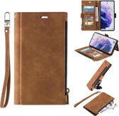 Voor Samsung Galaxy S21 FE 5G Zijrits Terug Kaart Horizontale Flip PU Lederen Case met Kaartsleuven & Portemonnee & Fotolijst & Lanyard (Bruin)