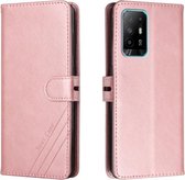Voor OPPO A94 5G/A95 5G Stiksels Stijl 2-Kleur Koe Textuur Horizontale Flip PU Lederen Case met Houder & Kaartsleuf & Lanyard (Rose Goud)