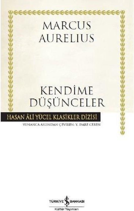 Boekomslag met "Marcus Aurelius Kendime Düşünceler" in goudkleurige letters, omlijst door een sierlijke gouden rand.
