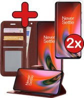 OnePlus Nord 2 Hoesje Book Case Hoes Portemonnee Cover Met 2x Screenprotector - OnePlus Nord 2 Case Hoesje Wallet Case - Bruin