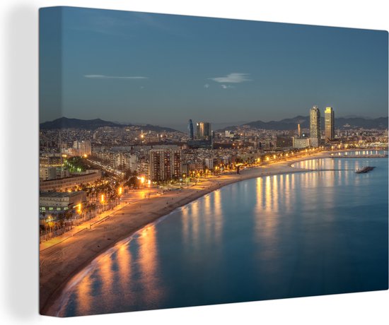 Canvas Schilderij Strand - Barcelona - Spanje - 30x20 cm - Wanddecoratie