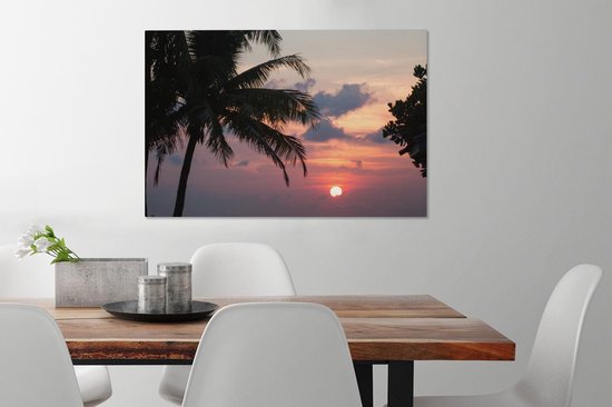 Toile Peinture Tropical - Palmier - Soleil - 90x60 cm - Décoration murale