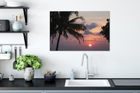 Toile Peinture Tropical - Palmier - Soleil - 90x60 cm - Décoration murale