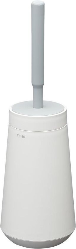 Brosse WC blanche avec support conique et manche gris.
