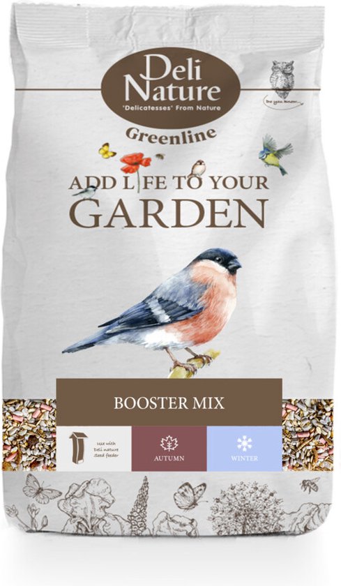 Deli Nature Greenline Booster Mix zak met een afbeelding van een roodborstje, vlinders en vogels. Tekst: 'Add life to your garden'.