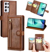 Premium vintage portemonnee hoesje met ritssluiting flip-cover hoes met kaarthoudersleuven Geschikt voor: Samsung Galaxy S21 Plus - donker bruin