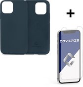 Coverzs Luxe Liquid Silicone case geschikt voor Apple iPhone 12 / 12 Pro - donkerblauw + glazen Screen Protector