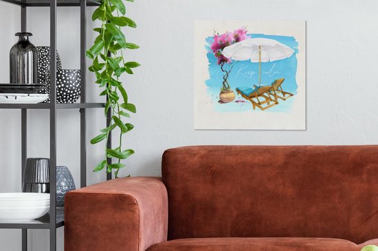 Canvas Schilderij Strandstoel - Parasol - Bloemen - Tekening - 50x50 cm - Wanddecoratie