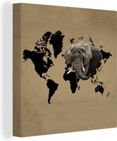 Canvas Wereldkaart - 90x90 - Wanddecoratie Wereldkaart - Olifant - Bruin