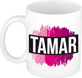 Tamar  naam cadeau mok / beker met roze verfstrepen - Cadeau collega/ moederdag/ verjaardag of als persoonlijke mok werknemers
