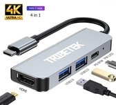 TribeTek 4-in-1 USB-C Hub Adapter voor Apple Macbook Pro / Air / iMac / Mac Mini / Google Chromebook / Windows / HP / ASUS / Lenovo - Type-C Kabel naar 4K UHD HDMI Converter / Outp