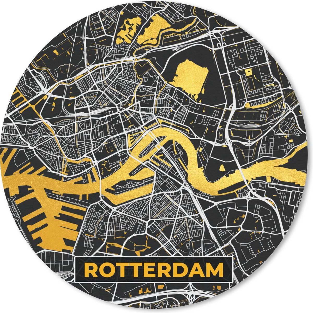 Muismat rond 50x50 cm - Mousepad Kaart - Rotterdam - Goud - Zwart - Ronde muismatten