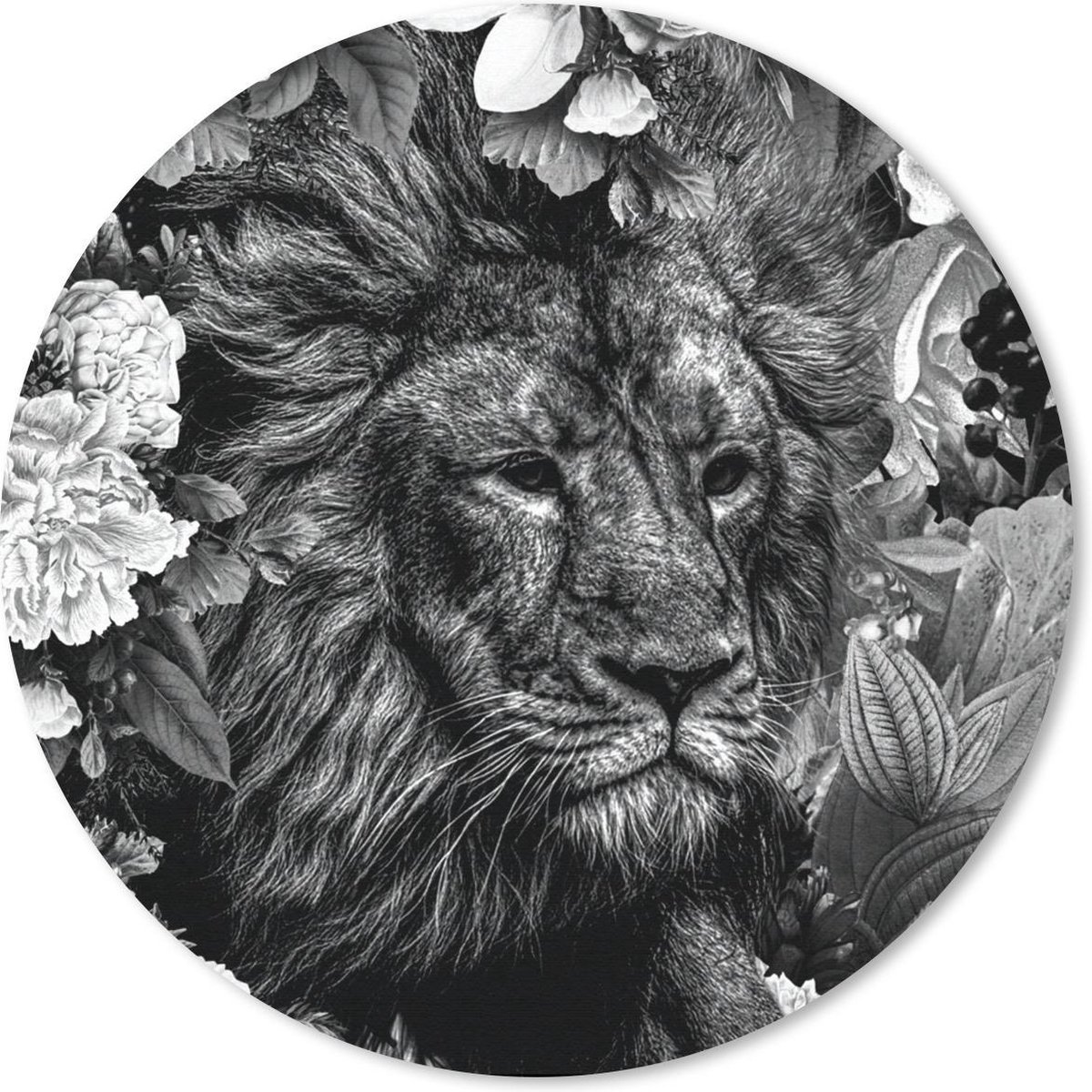 Muismat rond 40x40 cm - Mousepad Leeuw - Bloemen - Blad - Zwart - Wit - Ronde muismatten