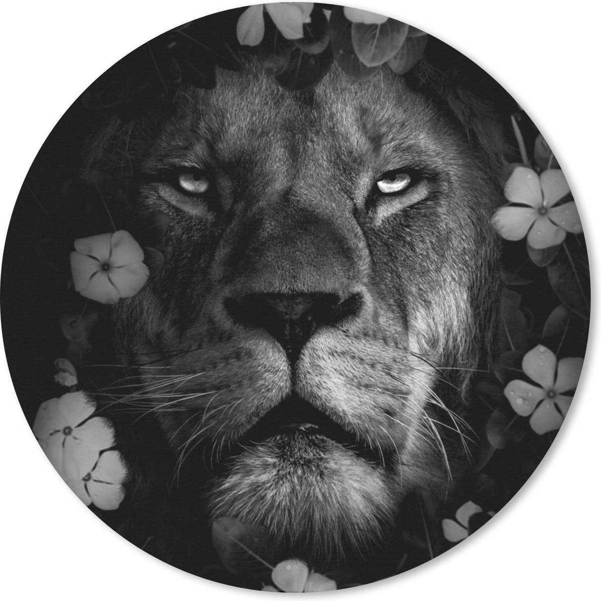 Muismat rond 40x40 cm - Mousepad Bloemen - Leeuw - Jungle - Zwart - Wit - Ronde muismatten