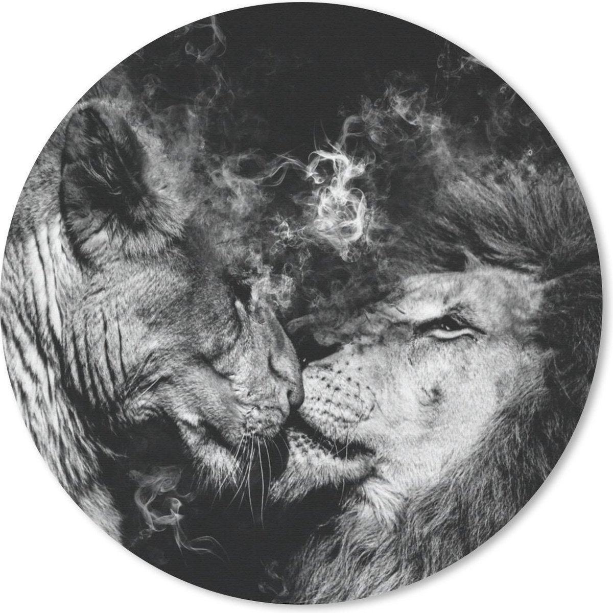 Muismat rond 50x50 cm - Mousepad Leeuw - Rook - Liefde - Zwart - Wit - Ronde muismatten