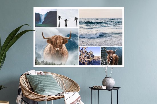 Muurstickers - Sticker Folie - Schotse Hooglander - Collage - Waterval - Palmboom - 90x60 cm - Plakfolie - Muurstickers Kinderkamer - Zelfklevend Behang - Zelfklevend behangpapier - Stickerfolie