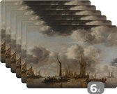 Placemat - Placemats kunststof - A River Scene with a Dutch Yacht Firing a Salute - Schilderij van Jan van de Capelle - 45x30 cm - 6 stuks - Hittebestendig - Anti-Slip - Onderlegger - Afneembaar